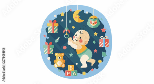 Adorable baby reaching for toys in a whimsical nursery setting.