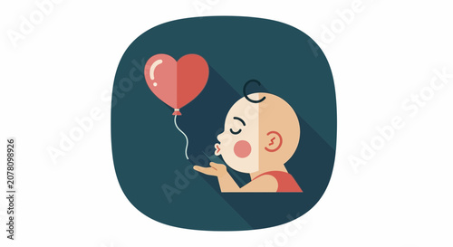 Baby blowing a heartshaped balloon with love.