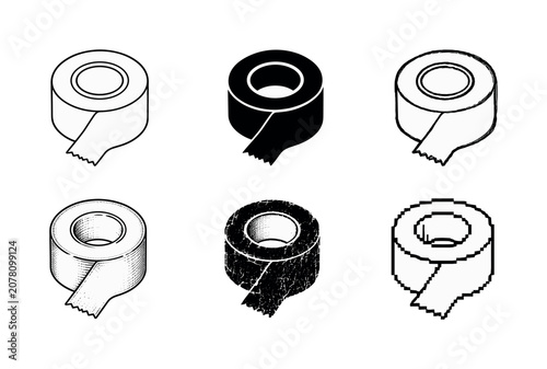 Collection of six different tape roll icons in isometric view