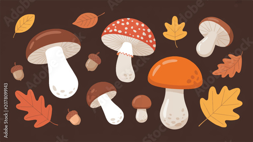 An illustration of mushrooms and autumn leaves in a forest scene