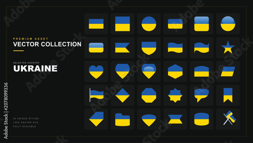 Foto Ukraine flag icon vector collection, 30 unique shapes and styles pack