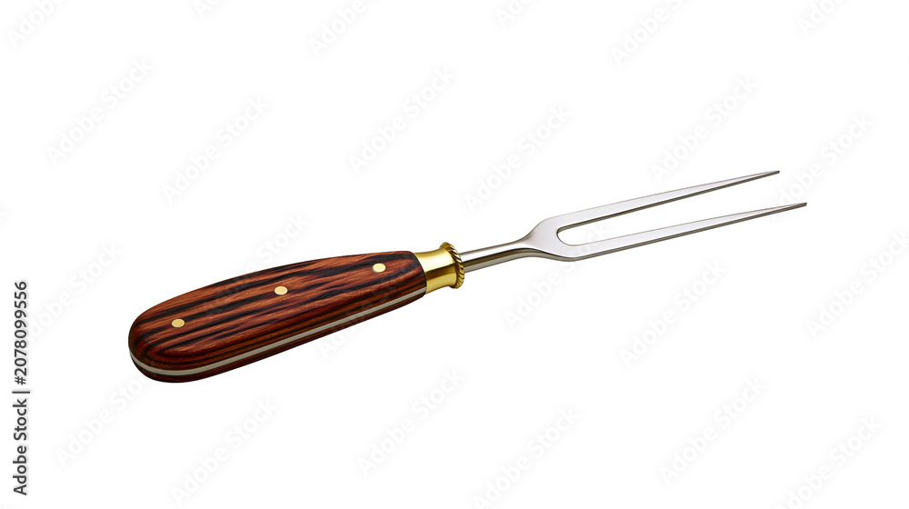 Obraz premium Polished metal carving fork with dark wood handle, isolated on transparent background