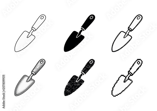 Collection of diverse garden trowel illustrations in various artistic styles