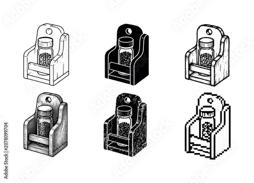 Collection of six different artistic styles of a spice jar holder with contents