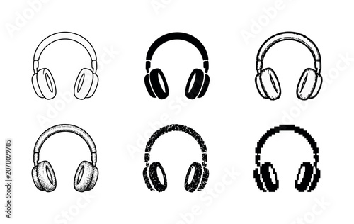 Artistic representations of headphones in various styles and designs