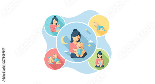 Mother holding baby surrounded by other babies and mother figures.