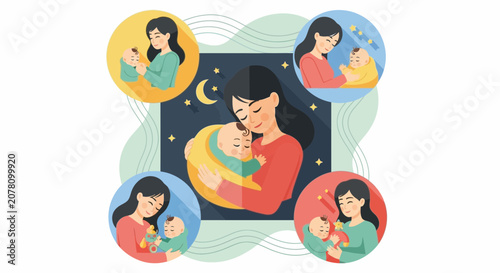 Mother holding baby tenderly in different moments.