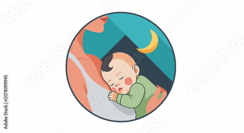 Mother holding sleeping baby at night.