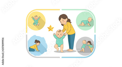 Mother teaching baby to walk and crawl milestones.
