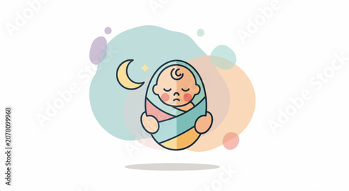Sleeping baby wrapped in a blanket with a crescent moon.