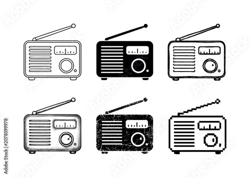 Collection of vintage radio icons in various artistic styles and textures