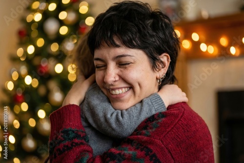 Joyful short haired mother laughing while tightly hugging her child next to Christmas tree