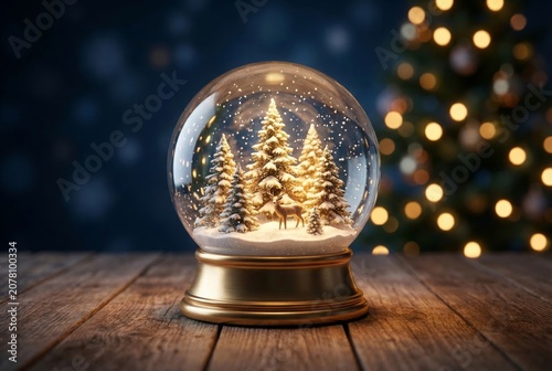 Magic Christmas snow globe with winter forest and deer inside on wooden table with bokeh lights