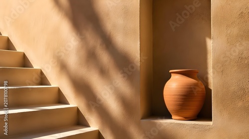 Terracotta pot sits in a recessed niche with sunlight and shadows on textured wall