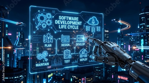 Futuristic robotic hand touching a holographic display of software development life cycle steps