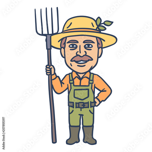 Farmer holding pitchfork and smiles. Hand drawing
