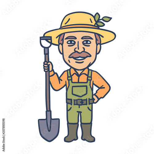 Farmer holding shovel and smiles. Hand drawing
