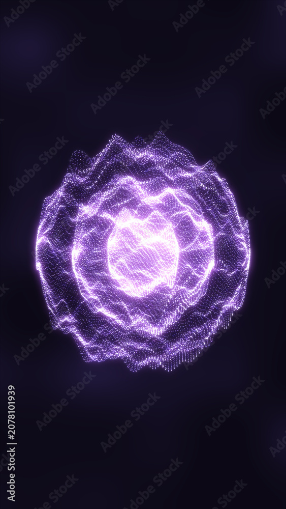 Fototapeta premium Vibrant purple glowing digital particle sphere showing energy waves for cybersecurity wallpaper.