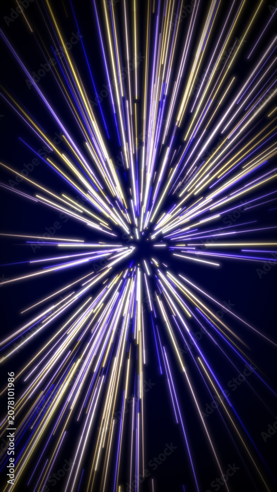 Obraz premium Futuristic speed line hyperdrive light streaks in purple and gold for abstract mobile wallpaper.