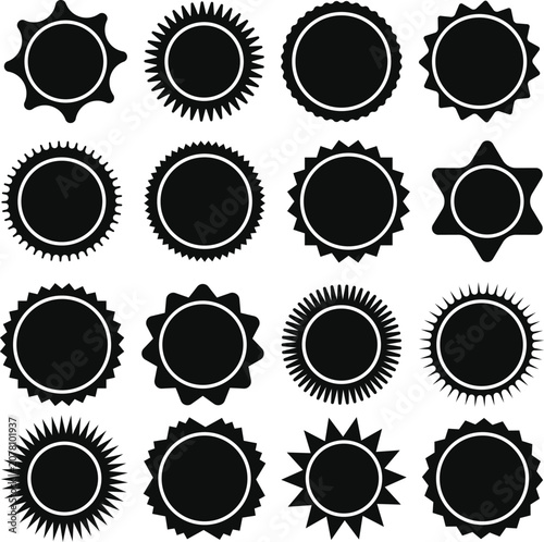 Collection of Grainy Black Starburst and Sunburst Shapes on White Background circle icon