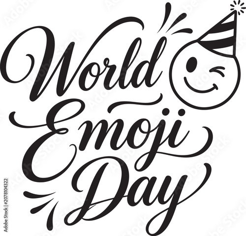World Emoji Day lettering with a winking face and party hat a festive graphic for social media and celebrations vector illustration