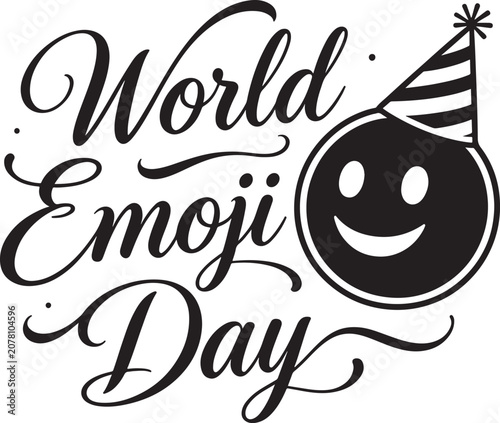 World Emoji Day celebration graphic featuring a smiling emoji face with a party hat perfect for social media and event promotion