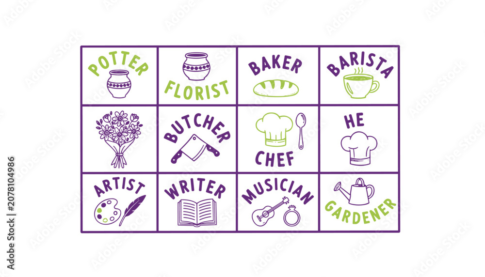 Fototapeta premium Collection of professional icons representing various careers including baker, chef, florist, and artist in a minimalist grid layout.