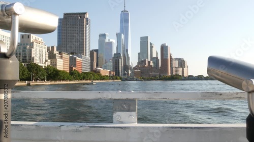 New York City Manhattan downtown financial district skyline, United States. Urban waterfront cityscape, World Trade Center skyscraper building, Hudson River Park, riverfront promenade tower viewer.