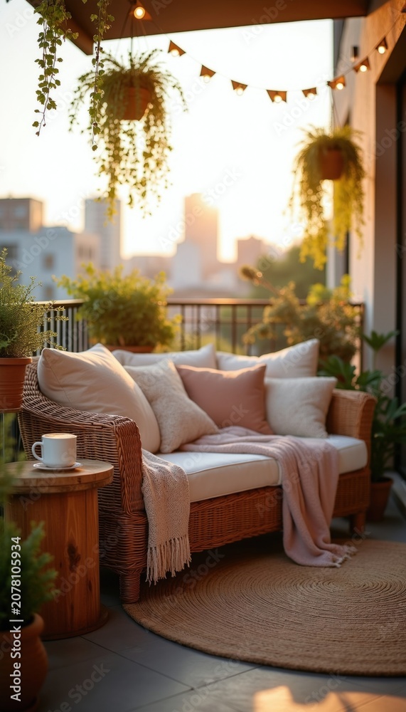 Fototapeta premium Wicker sofa with cushions on balcony patio. Plants hang overhead. String lights glow warmly. Urban city view at dusk. Enjoy quiet evening relaxation.