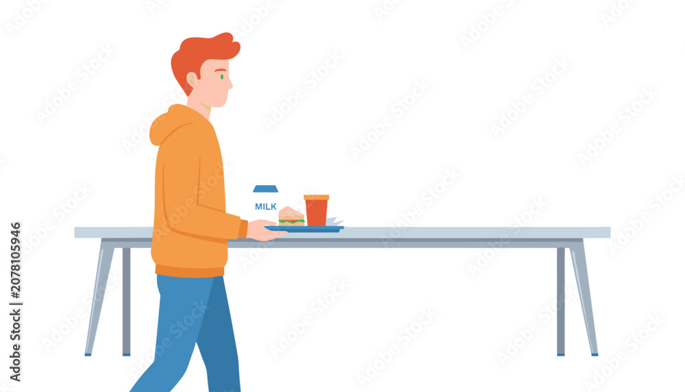 Fototapeta premium Red-haired man in an orange hoodie walks forward while balancing a lunch tray with a carton of milk and a sandwich inside a school cafeteria.