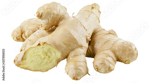Tableau sur toile Fresh ginger root with textured skin and pale yellow flesh, isolated on transpar