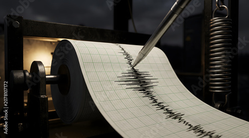 Foto Seismograph machine recording earthquake data on paper roll with pen in industri