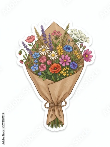 Colorful Wildflower Bouquet Wrapped in Kraft Paper with Twine Bow