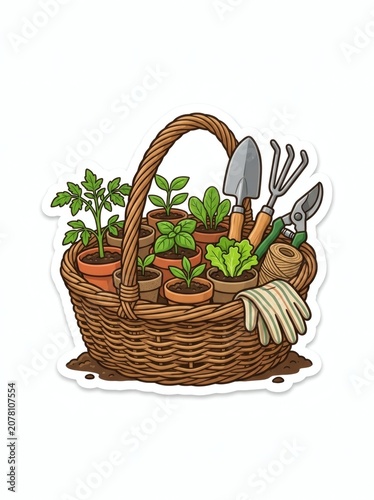 Gardening basket with seedlings and tools for planting and growing plants