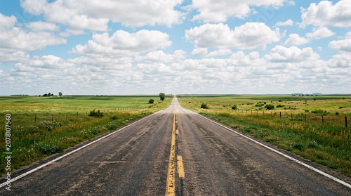 Endless asphalt road stretching into the distance under a vast blue sky with fluffy white clouds