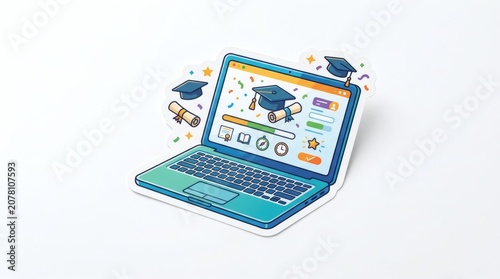 Online Graduation Celebration Laptop with Diplomas and Caps
