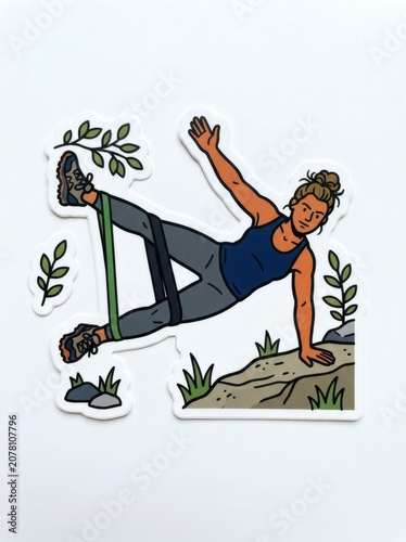 Woman doing side leg raises with resistance band outdoors on rocky terrain
