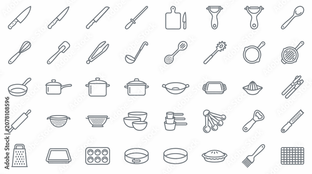 Naklejka premium Kitchen Utensils and Cookware Thin Line Icon Set for Cooking and Baking Design