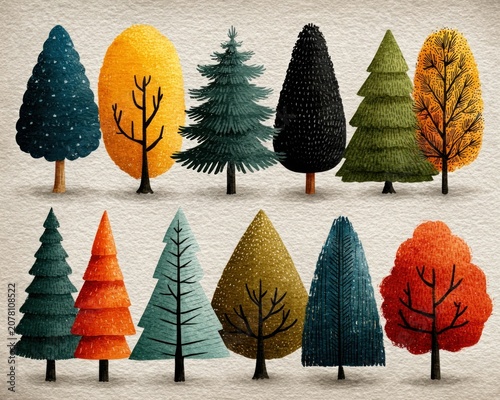 Set of hand-drawn flat design Christmas trees, isolated on transparent background, vector illustration