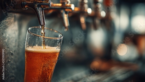 A refreshing pint of golden beer being poured from a tap into a clear glass, creating a frothy head