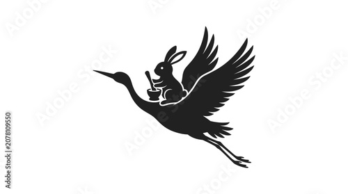 Foto A silhouette illustration of a rabbit riding a flying crane while holding a mortar and pestle