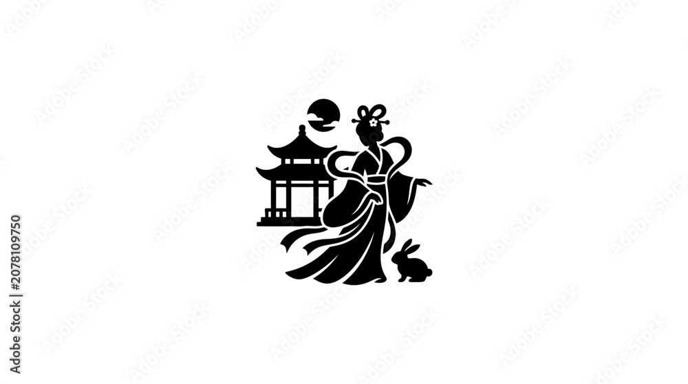 Obraz premium A black silhouette illustration of Chang E the Chinese moon goddess with a rabbit and pagoda.