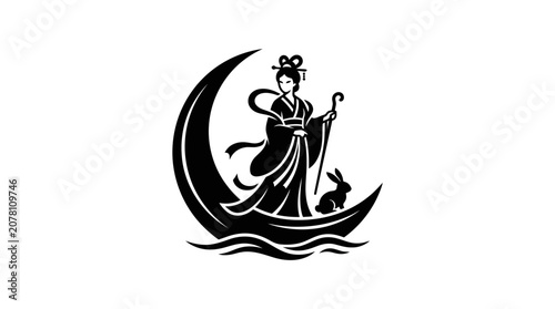 Canvastavla Black and white illustration of Chang e the Chinese moon goddess with a rabbit