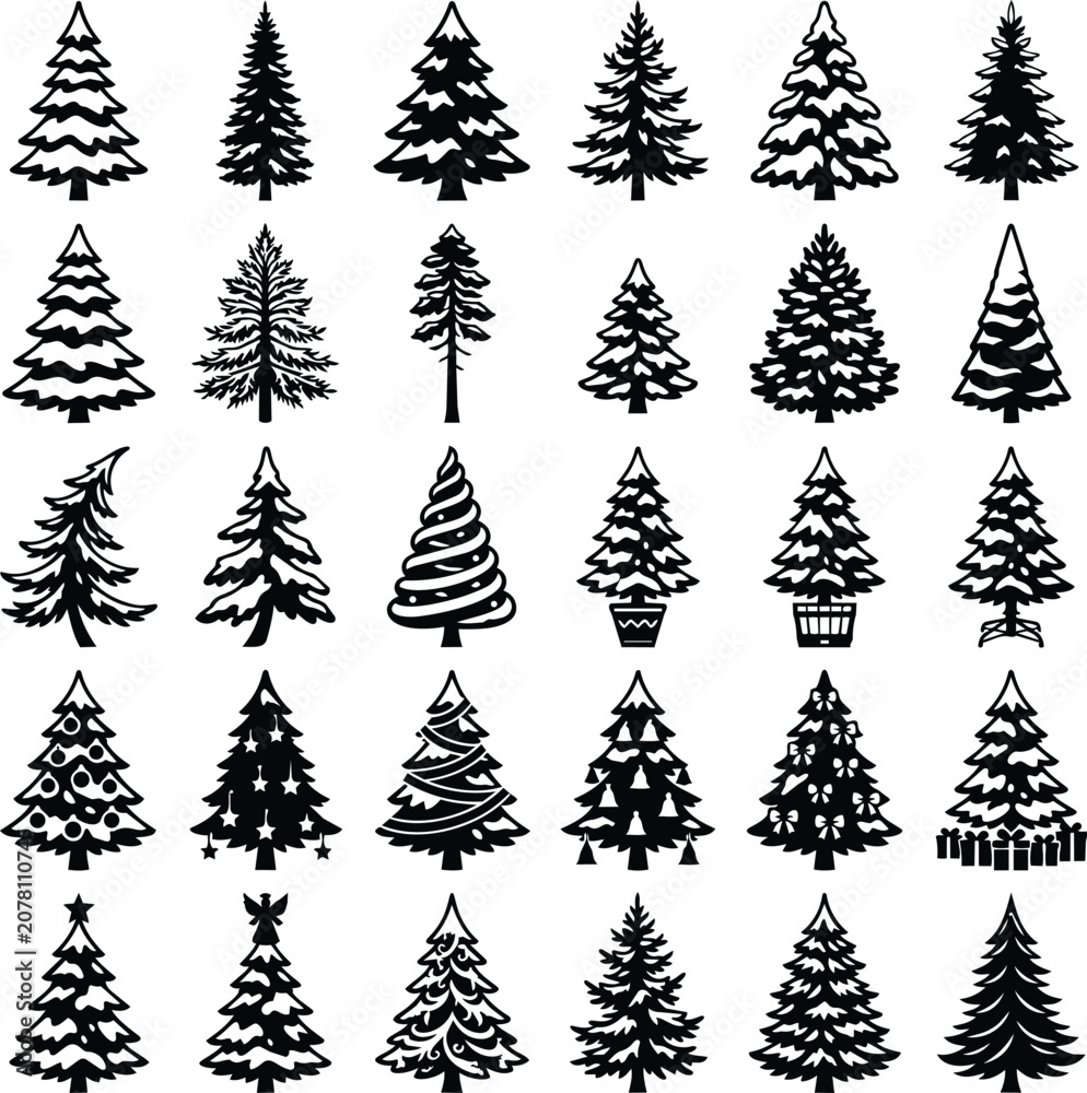 Obraz premium Christmas Tree Silhouette Icon Set Collection
