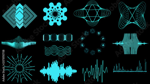 Photos Collection Of Teal Audio Waveforms And Geometric Patterns On A Black Background