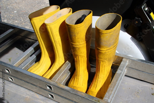 2 Paar Gummistiefel stehen zwischen den Sprossen einer Leiter auf einer Ladefläche