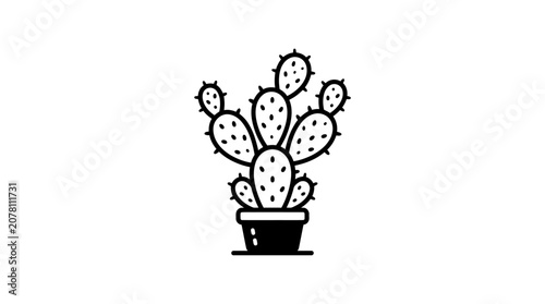 A simple black and white line art illustration of a prickly pear cactus in a small pot.