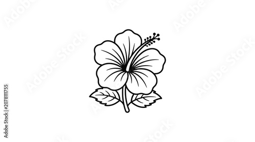 A simple black and white line art illustration of a tropical hibiscus flower.