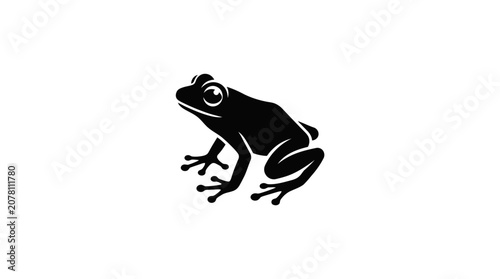 Minimalist black silhouette illustration of a small frog in a side profile view.