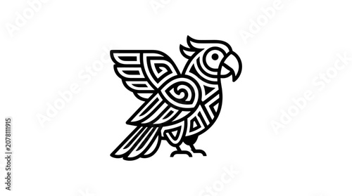 A stylized black and white line art illustration of a parrot with geometric patterns.